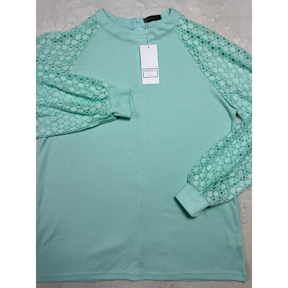 NWT Miholl Torquoise Long Steve Lace Shirt With Waffle Weave Size L
